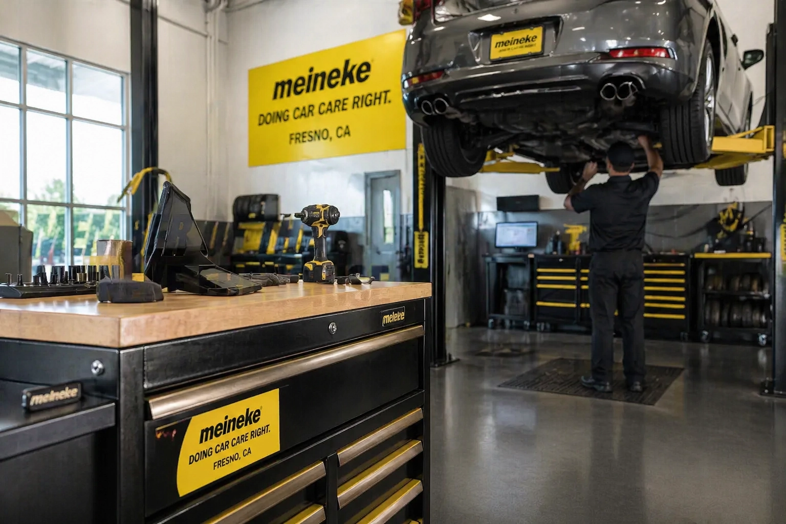 Auto repair technician working on a car lifted in Meineke Fresno shop.