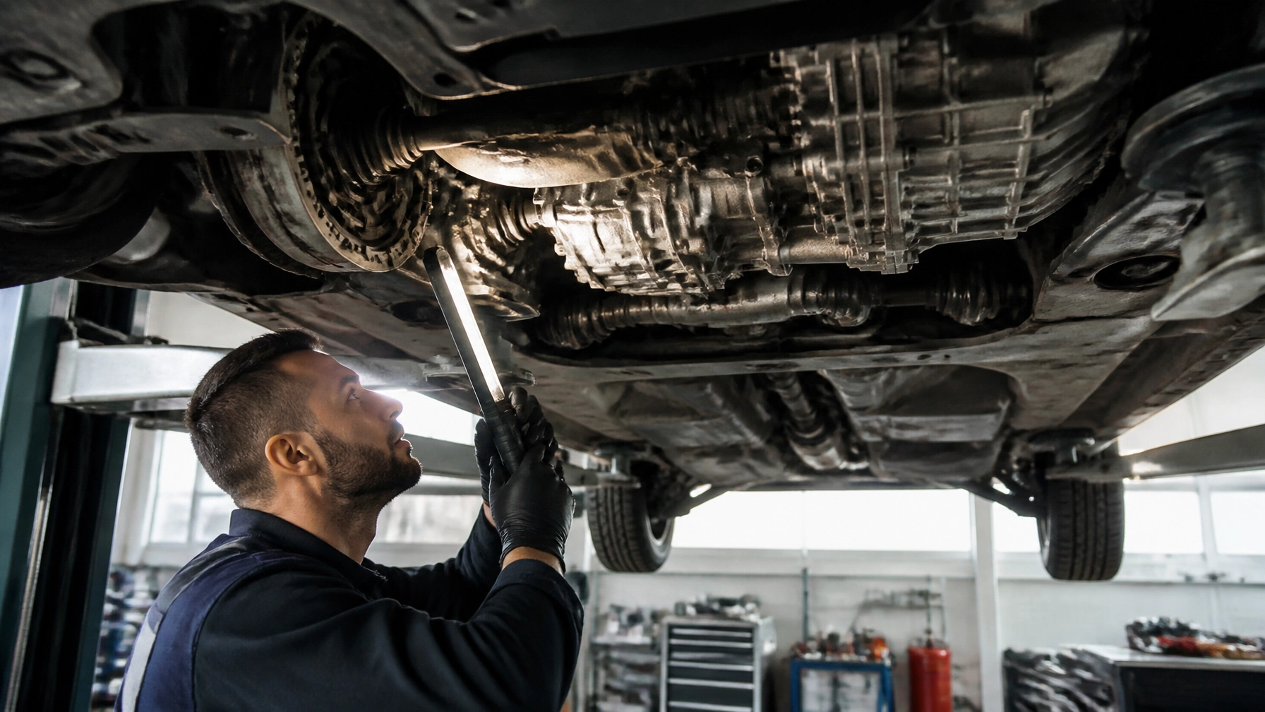 Technician inspecting underside of car at Meineke Fresno.