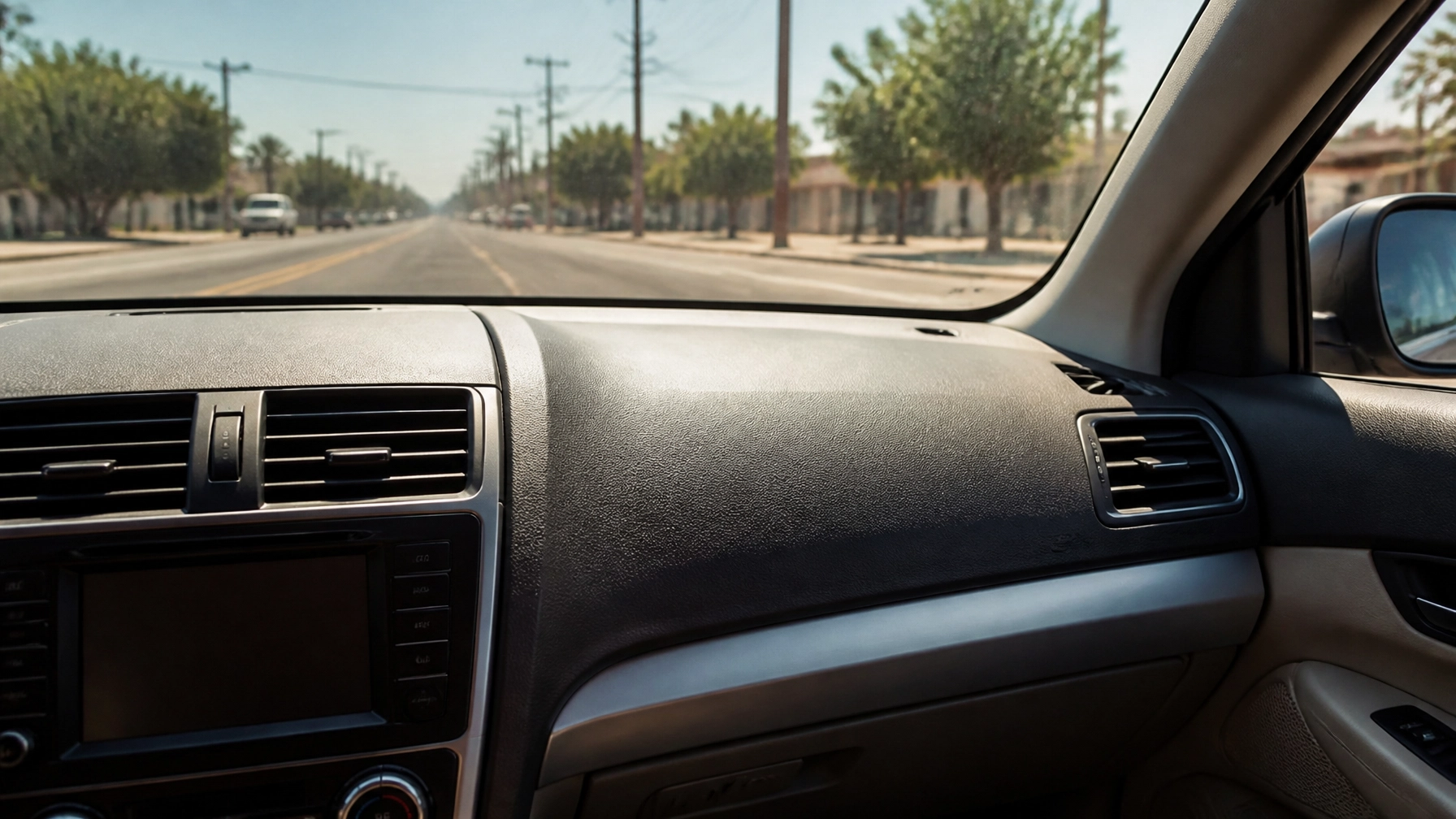 Interior view of a car dashboard and windshield on a sunny day.