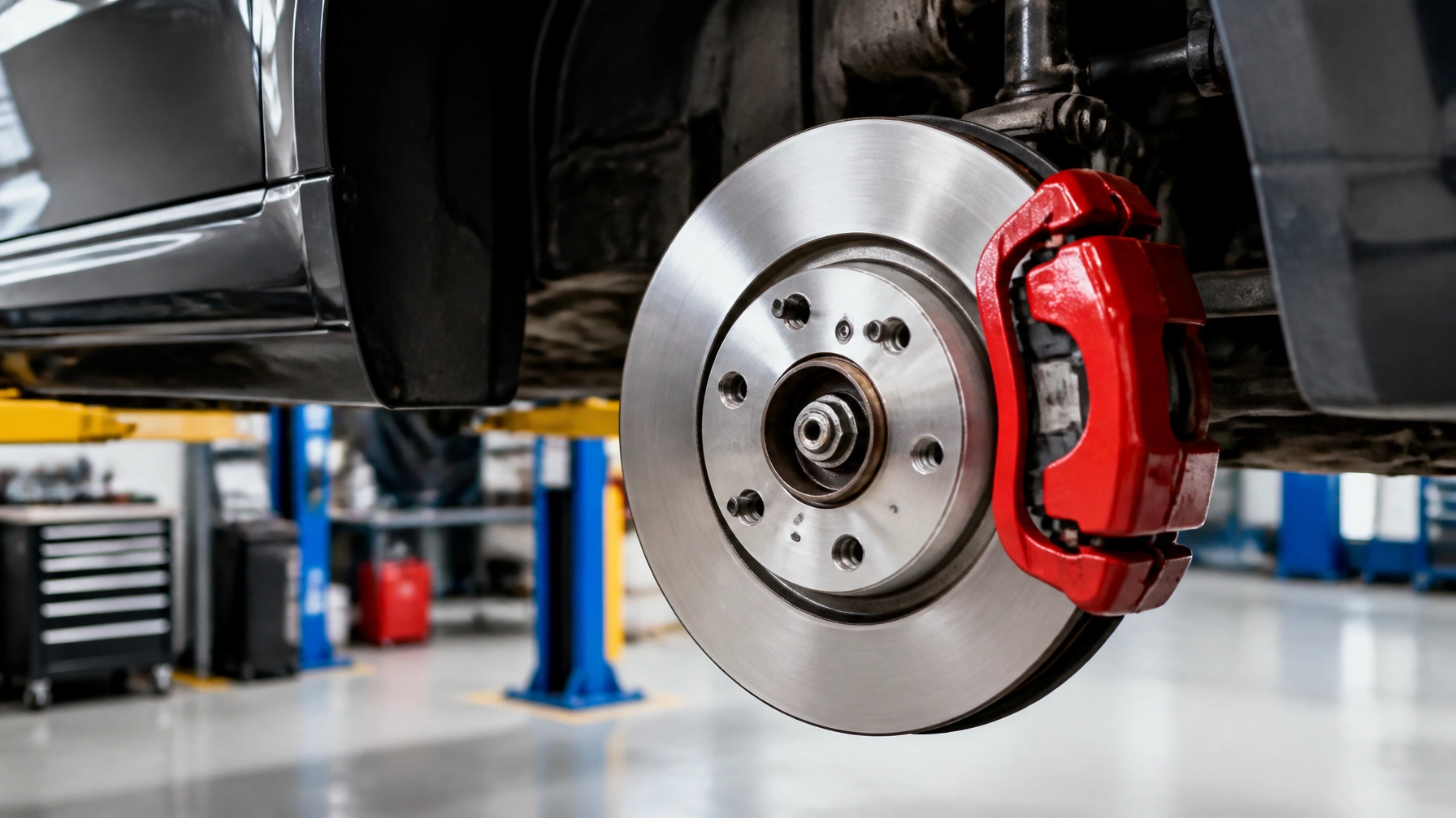 Close-up of a car brake disc and red caliper at Meineke Fresno.