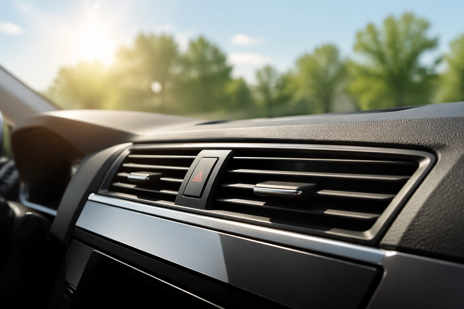 Air vent inside a car showing the dashboard and windshield with a sunny outdoor scene.