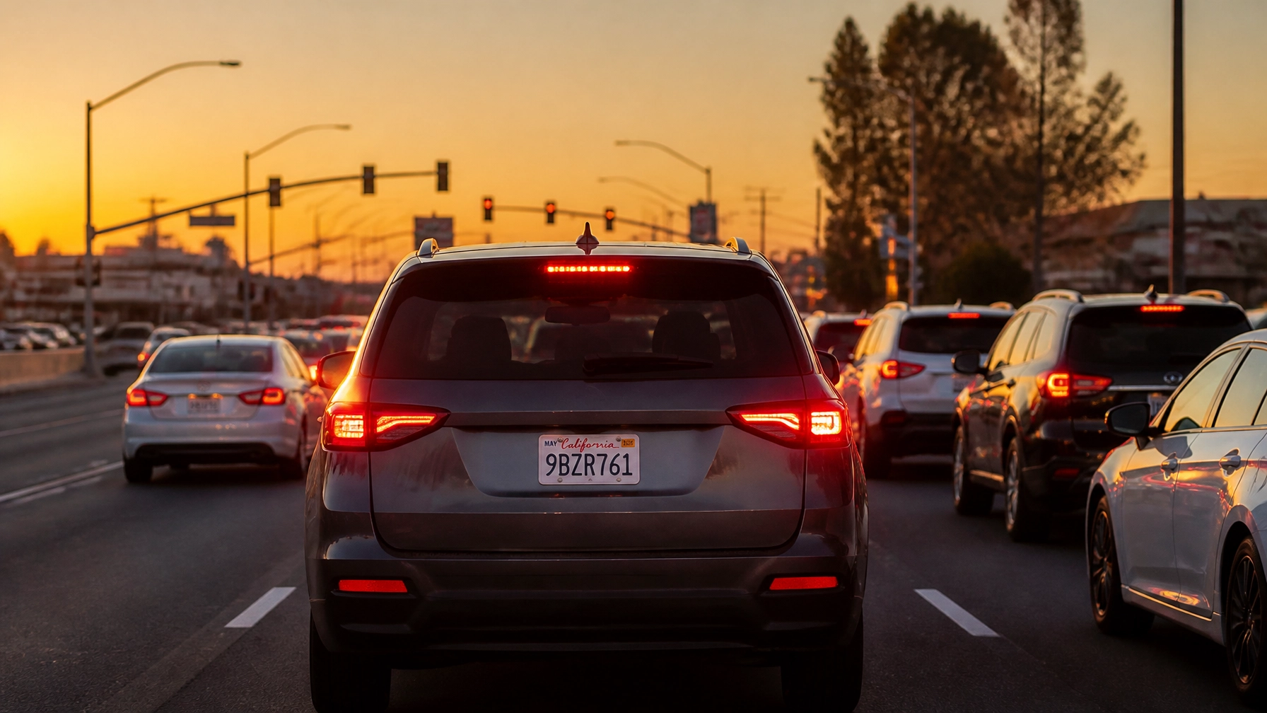 Modern SUV stopped in traffic during sunset at Meineke Car Care Center Fresno.