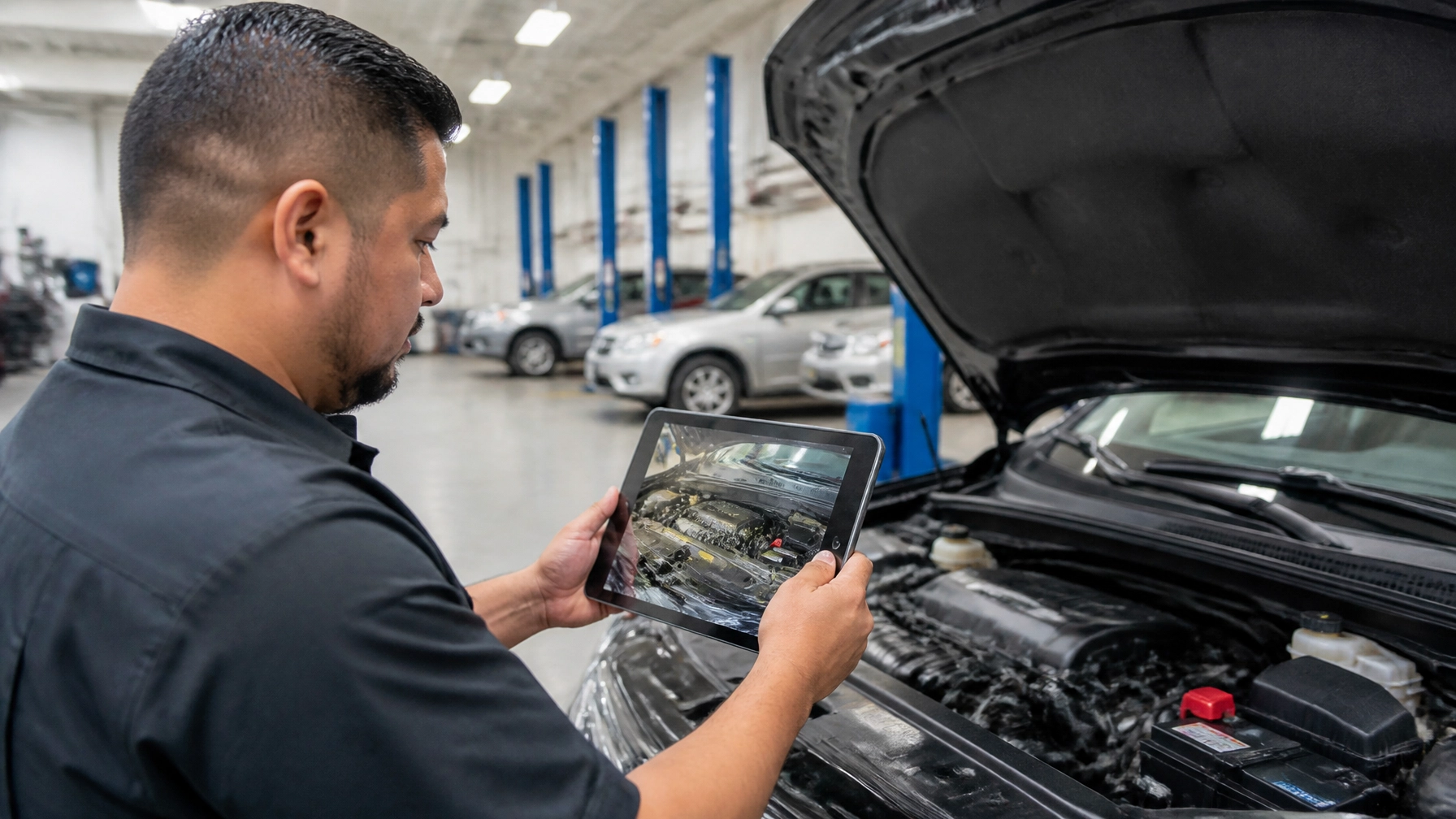 Technician inspecting car engine with tablet at Meineke Fresno.