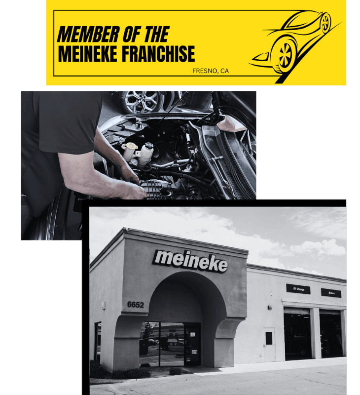 Technician working on car engine at Meineke Fresno location.