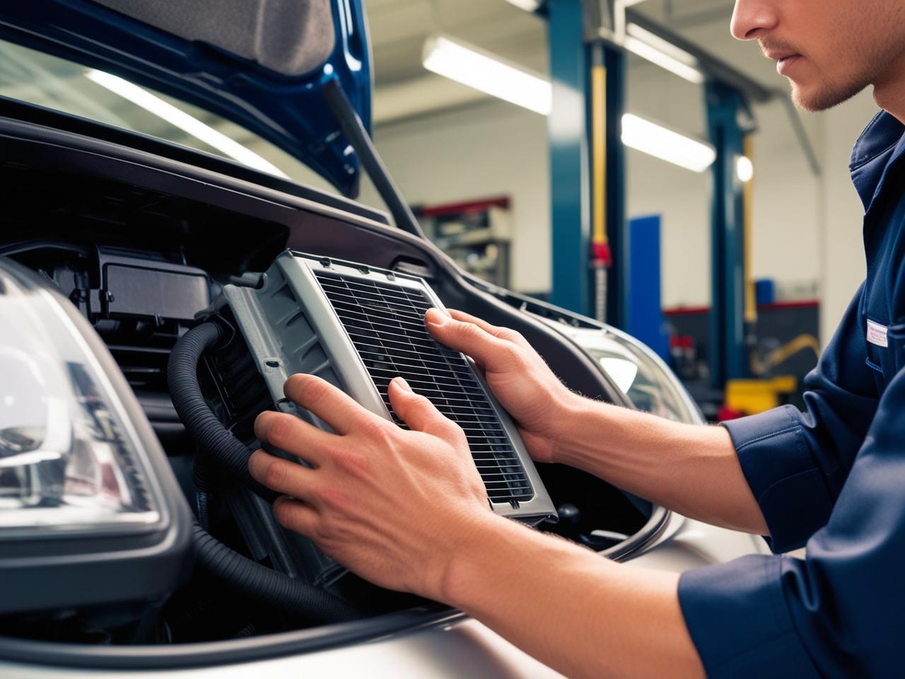 Technician servicing car air conditioning system in workshop.