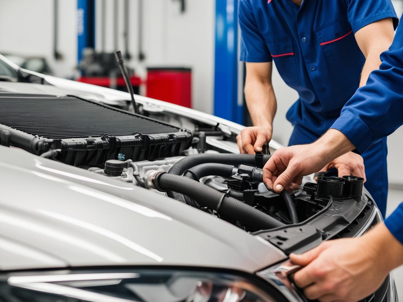 Skilled technician performing car engine check at Mickey's Automotive, Inc.