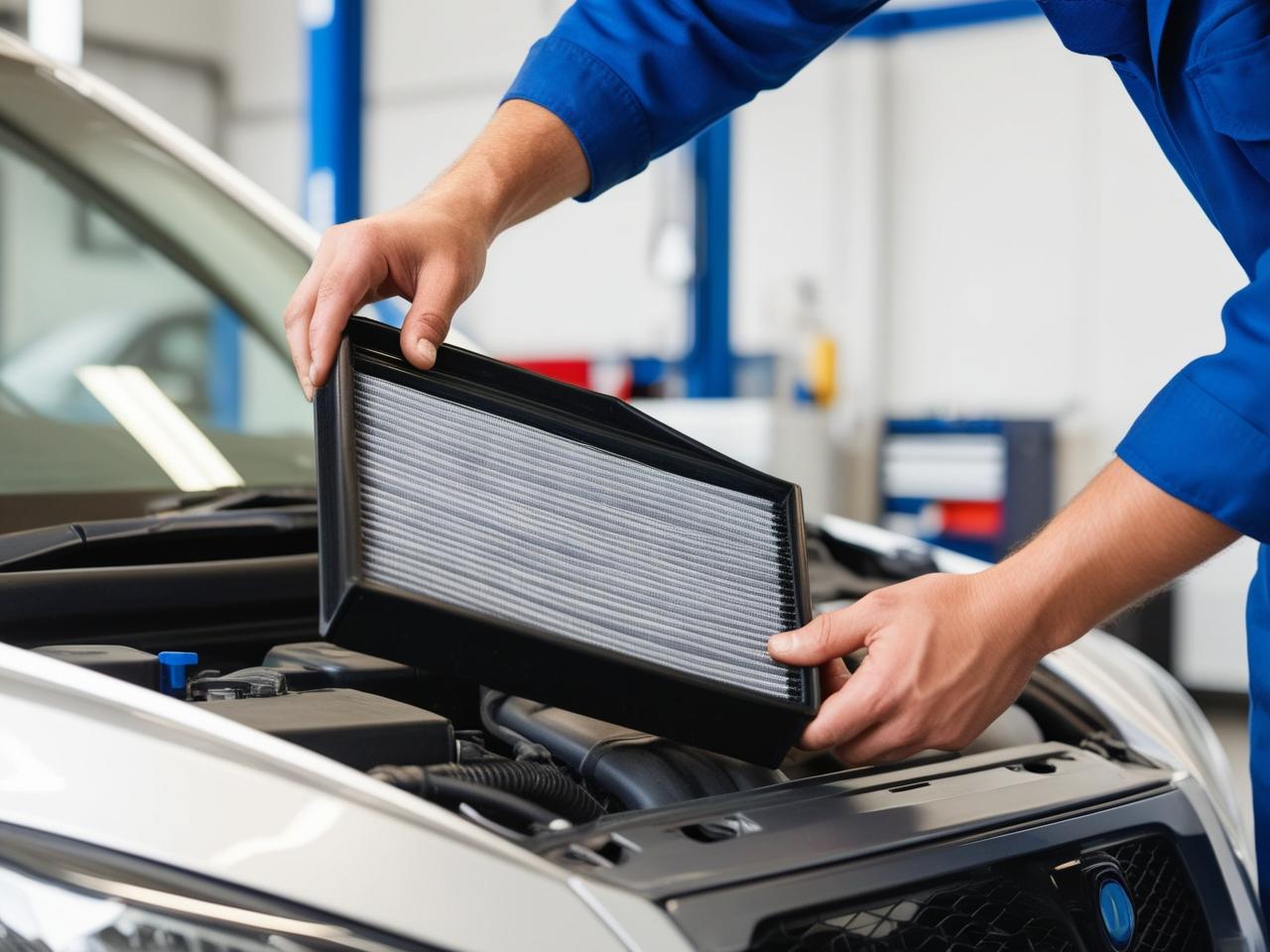 Technician replacing engine air filter in a car at Mickey's Automotive, Inc.