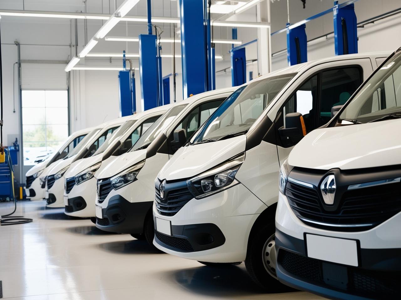 Fleet of white vans receiving vehicle maintenance at Mickey's Automotive, Inc.