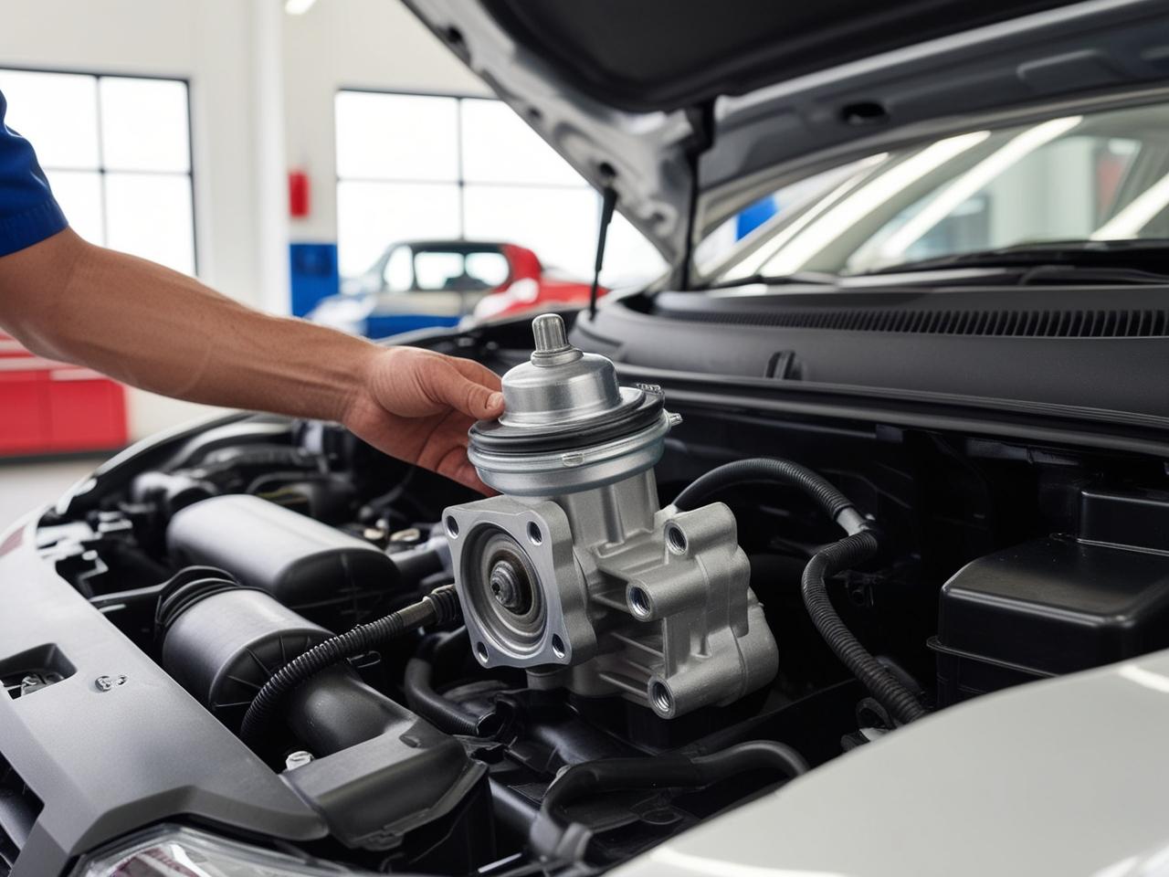 Engine component being inspected under the hood of a vehicle at Mickey's Automotive, Inc.