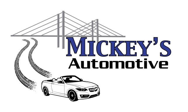 Mickey's Automotive logo featuring a bridge, car, and service text.