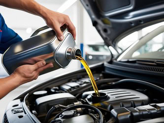 Automotive technician pouring oil into a car engine during an oil change.