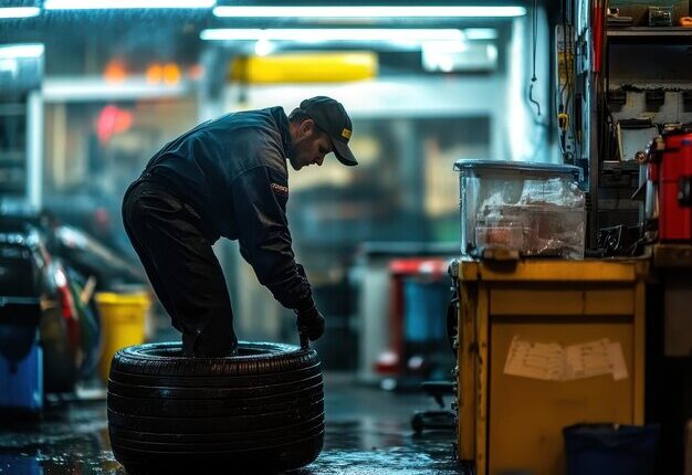 Technician changing a car tire in a professional auto repair shop.