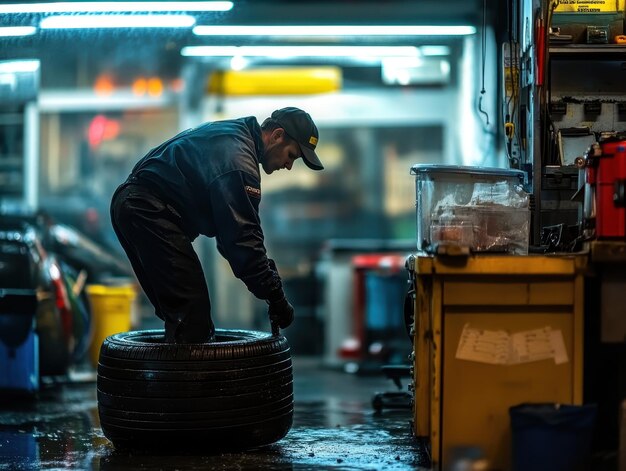 Technician changing a car tire in a professional auto repair shop.
