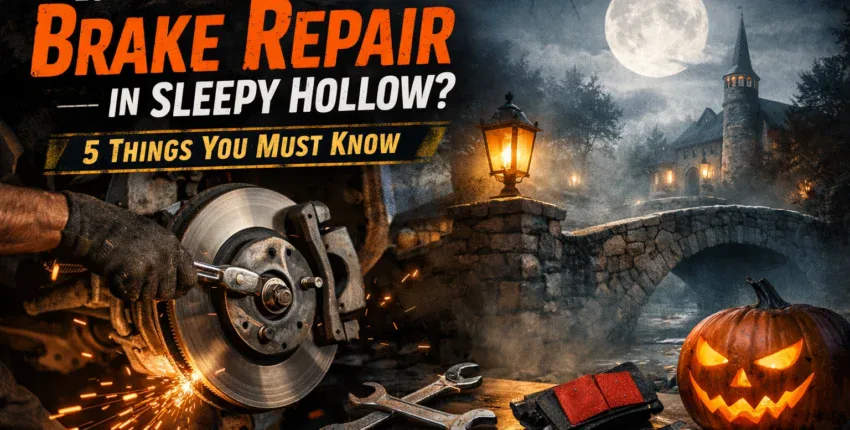Halloween-themed brake repair advertisement with spooky night scene and pumpkin.