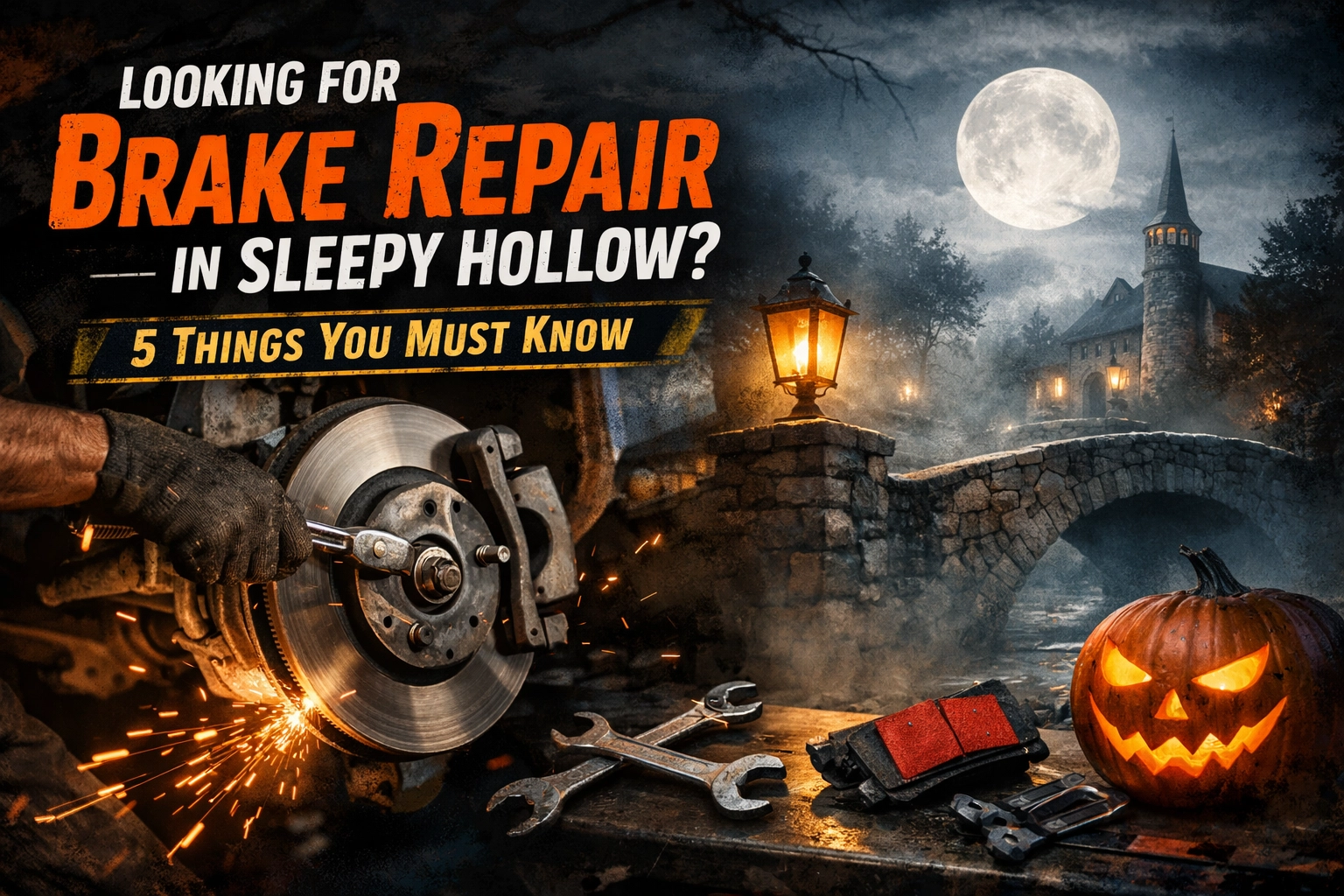 Halloween-themed brake repair advertisement with spooky night scene and pumpkin.