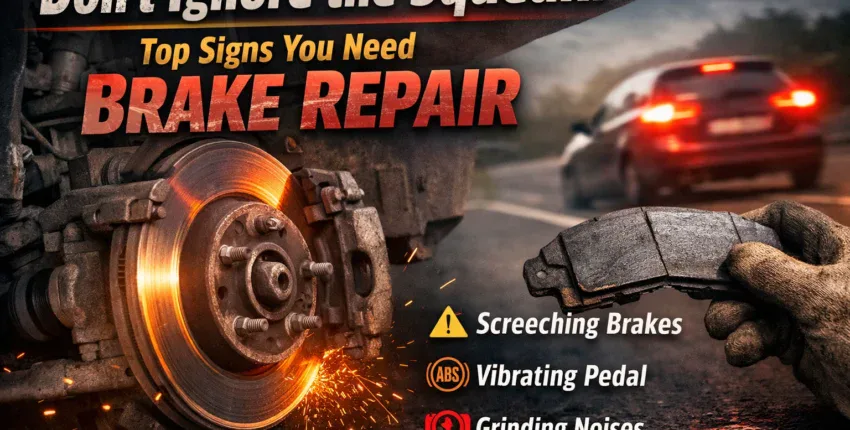 Warning sign highlighting brake issues including screeching brakes, vibrating pedal, and grinding no.