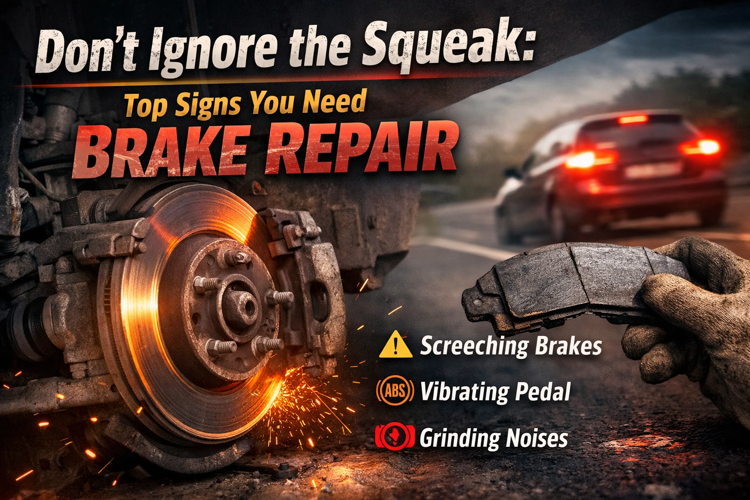 Warning sign highlighting brake issues including screeching brakes, vibrating pedal, and grinding no.