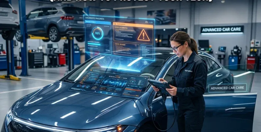 Technician inspecting a modern electric vehicle with digital diagnostics in a professional auto shop.