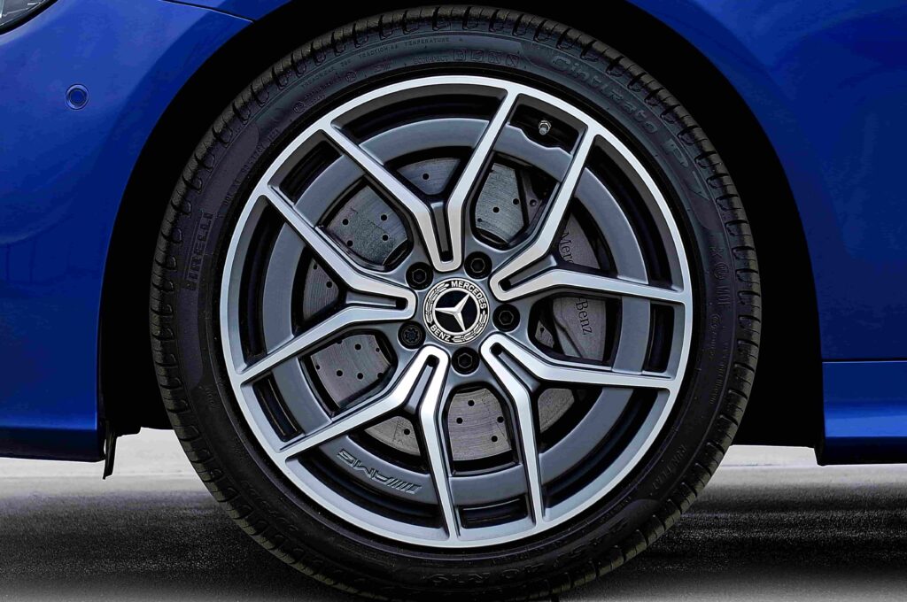 Close-up of a Mercedes-Benz alloy wheel with high-performance tires.
