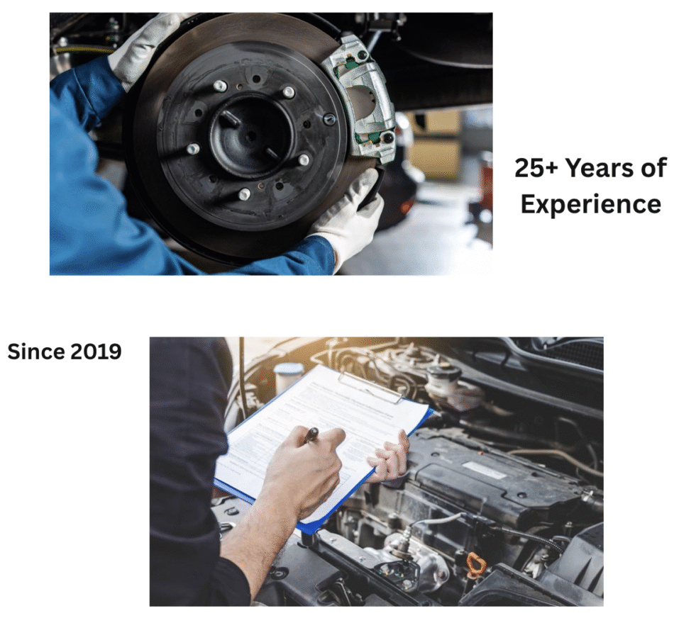 Technician inspecting car brake disc and caliper for safety.