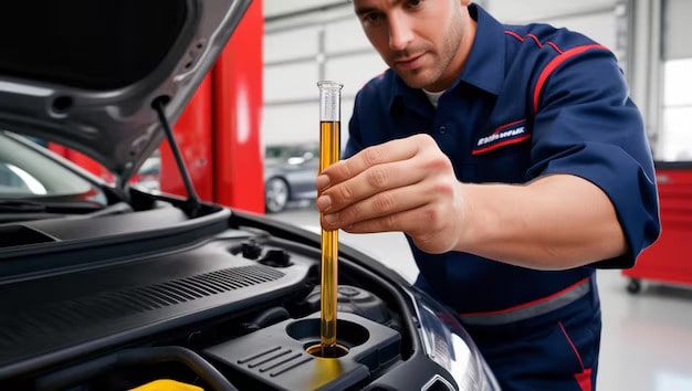 Auto mechanic checking engine oil level in car engine at Mike's Automotive.