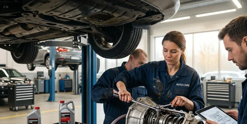 Auto repair shop with technicians working on transmission system.