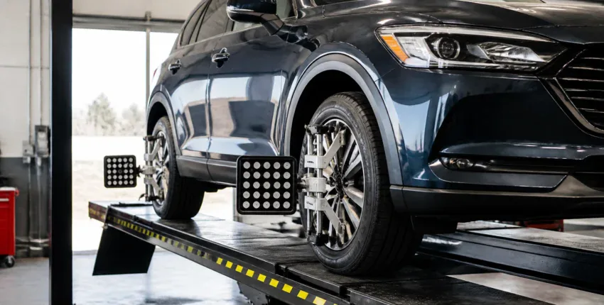 Car wheel alignment service at Mike's Automotive, Pawling, NY.