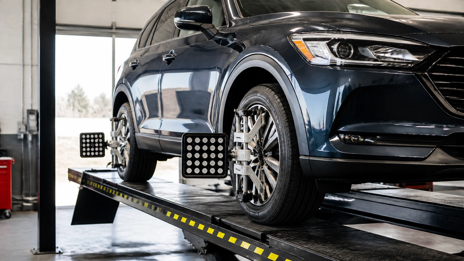 Car wheel alignment service at Mike's Automotive, Pawling, NY.