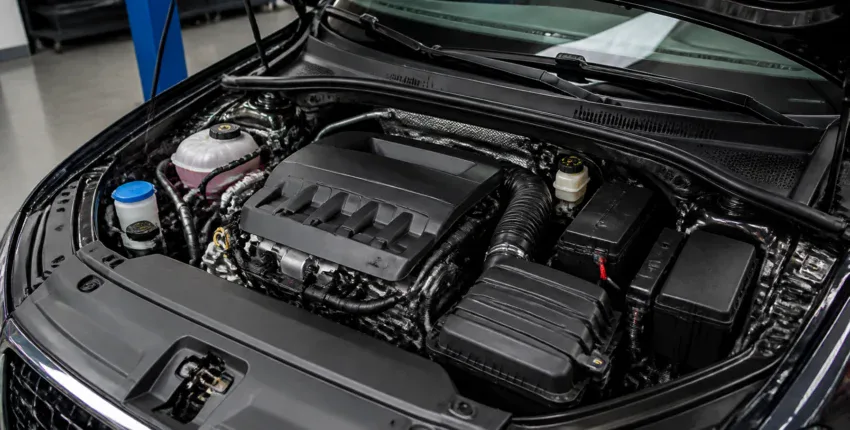 Close-up of a clean, modern car engine at Mike's Automotive shop.