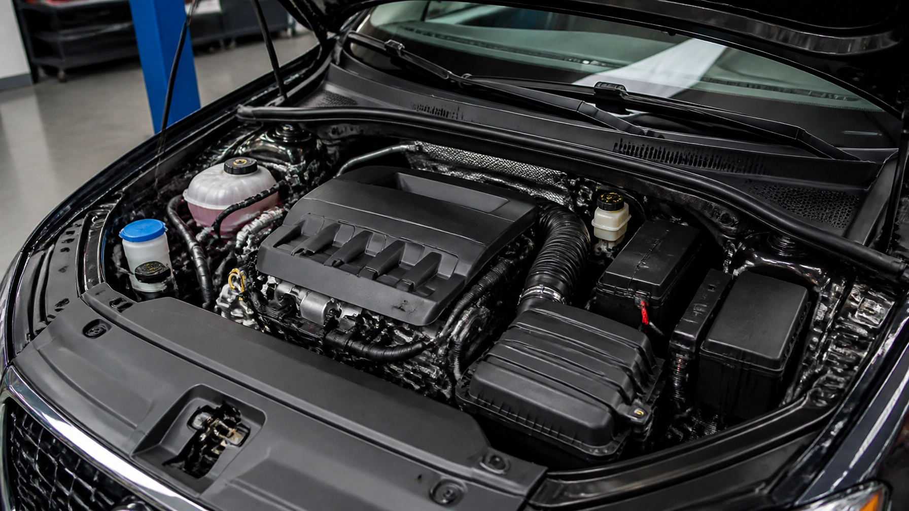 Close-up of a clean, modern car engine at Mike's Automotive shop.