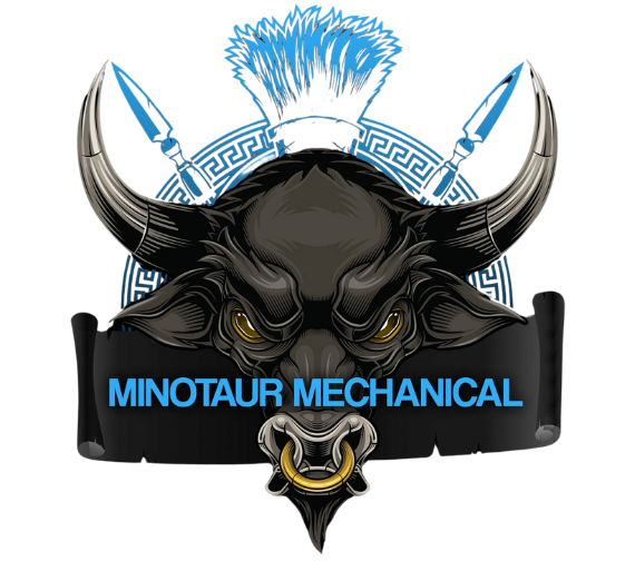 Minotaur Mechanical logo featuring a fierce minotaur with horns, blue accents, and a bold design.