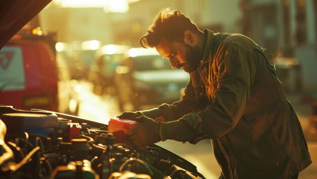 Auto mechanic inspecting car engine in a workshop at sunset.