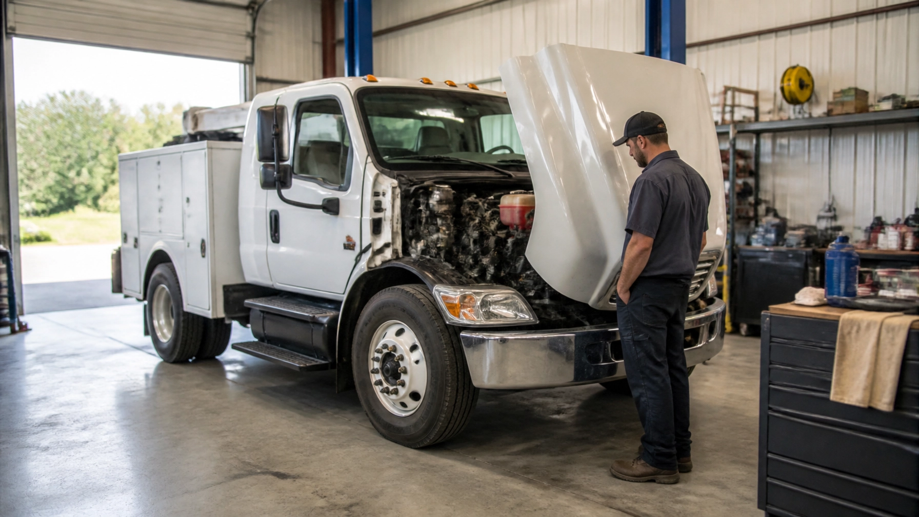 Service technician inspecting engine in workshop.