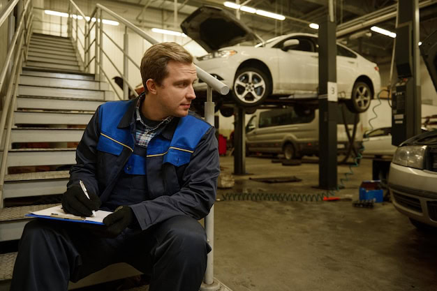 Auto mechanic inspecting vehicle in a professional auto repair shop.