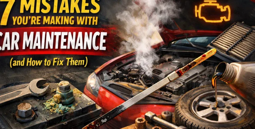 Car engine with maintenance tools and warning lights, emphasizing common mistakes to avoid.