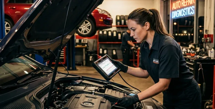 Skilled technician performing engine diagnostics on a modern car at MJZ Garage.
