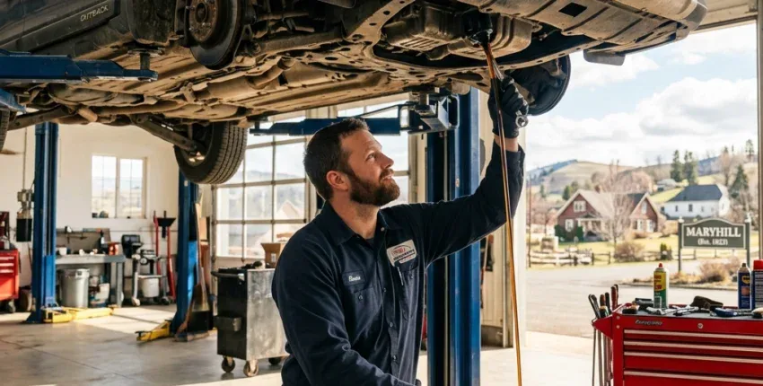 Auto repair technician checking car suspension and oil levels in a well-equipped garage.