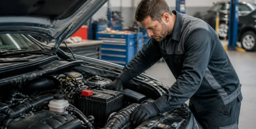 Skilled mechanic inspecting engine during car repair at MJZ Garage.