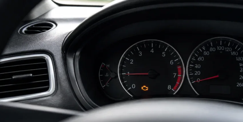 Car dashboard with check engine light illuminated, indicating vehicle diagnostics needed.