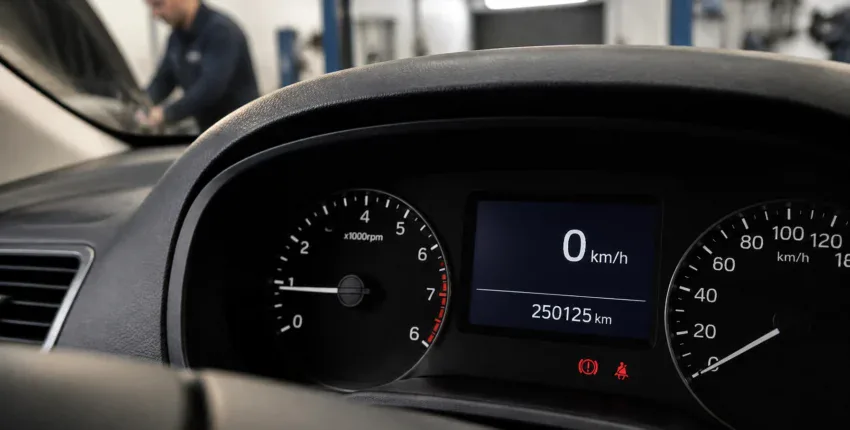Close-up of car dashboard showing speed and odometer at MJZ Garage.