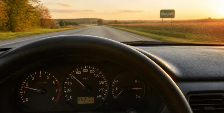 Car dashboard with speedometer and odometer at sunset.