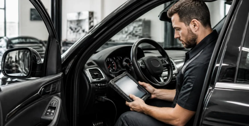 Man inspecting vehicle dashboard with tablet at MJZ Garage.