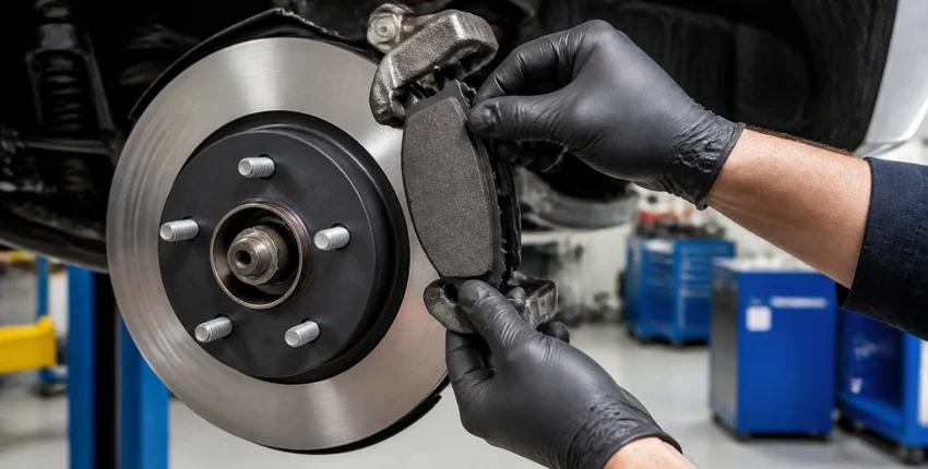 Technician replacing brake pads on a vehicle at MJZ Garage.