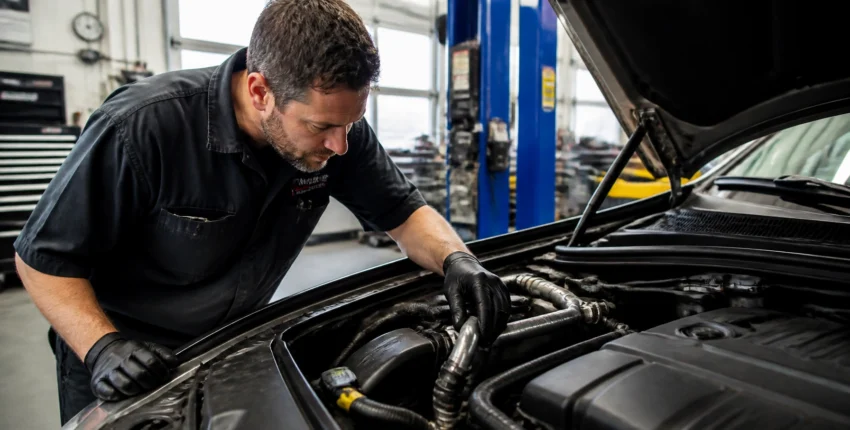Mechanic inspecting car engine at MJZ Garage auto repair shop.