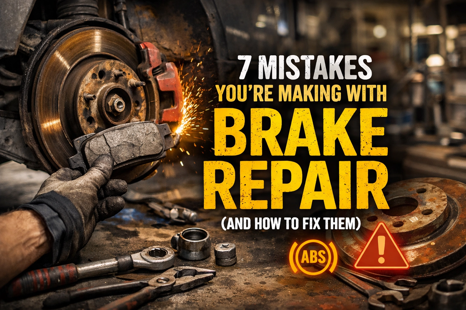 Auto mechanic repairing brake disc in workshop, focusing on brake repair.