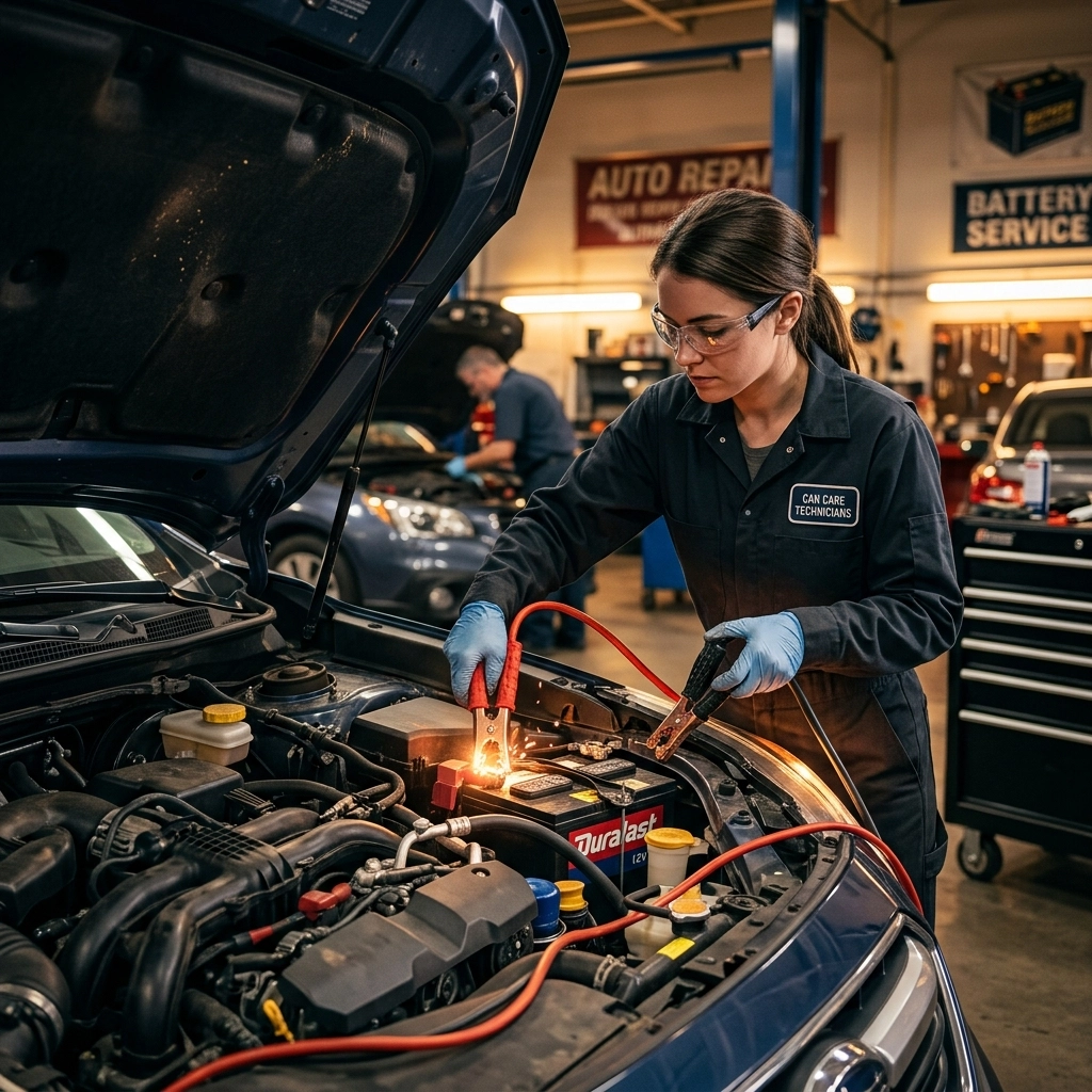 Auto repair technician inspecting car engine with diagnostic tools at MNS Auto Services.