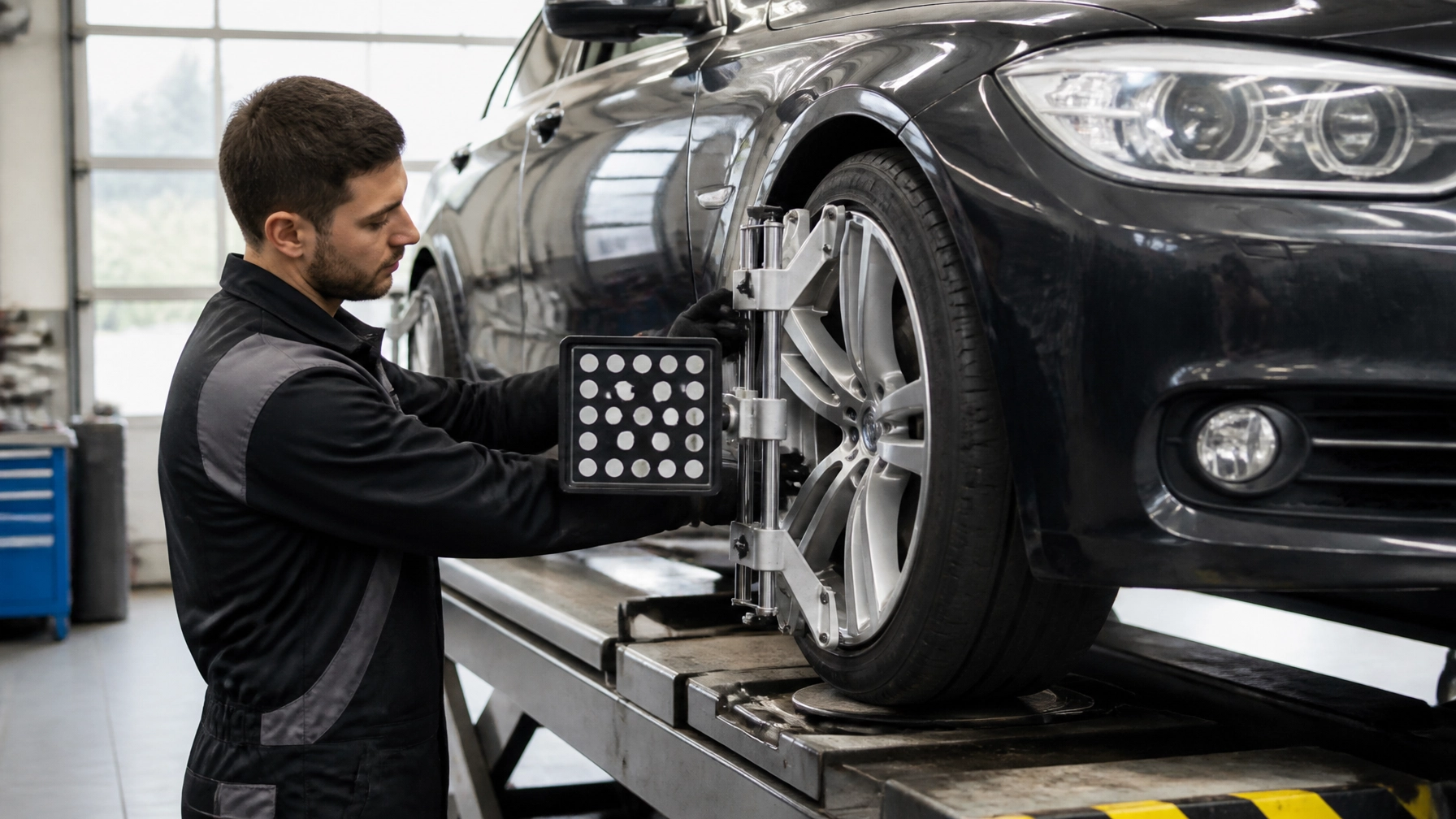 Auto wheel alignment being performed by technician at MNS Auto Services. Expert car maintenance and.