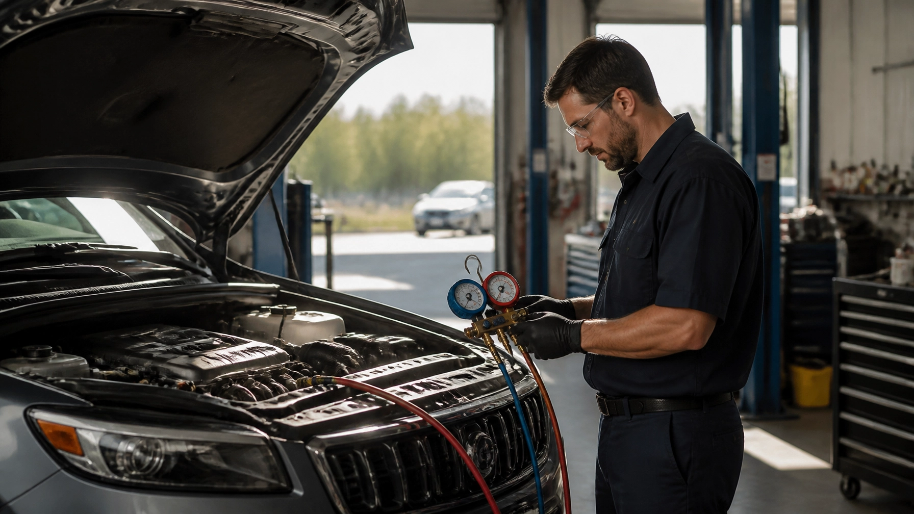 Auto mechanic testing car air conditioning system at MNS Auto Services.