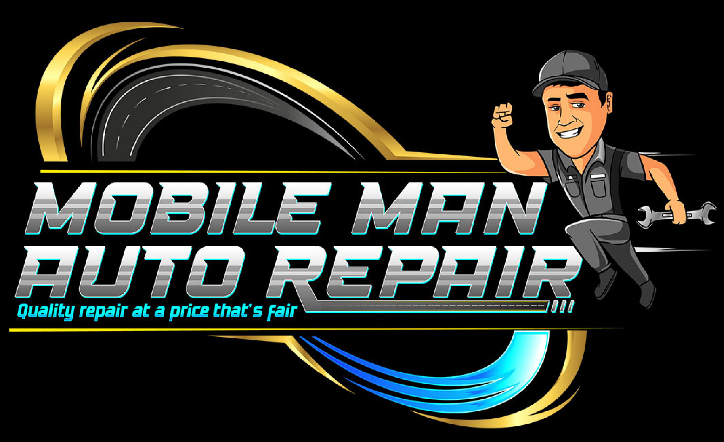 Mobile Man Auto Repair logo with a cartoon mechanic and tire design.