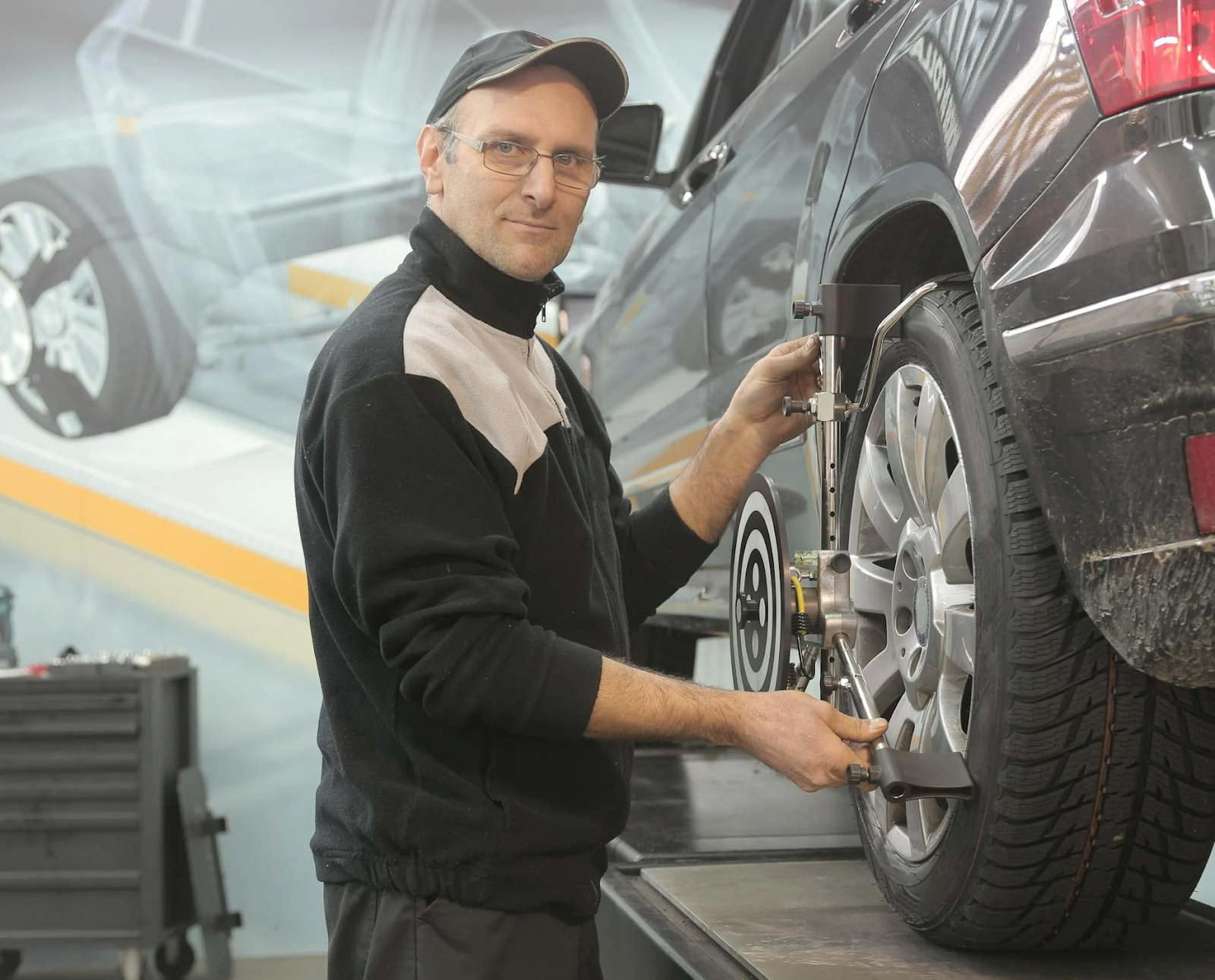 Auto mechanic performing wheel alignment on a vehicle in a professional repair shop.